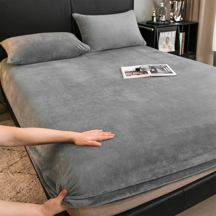 Bedroom featuring, soft milk velvet fitted sheet & plush pillowcases, offering cozy sleep.