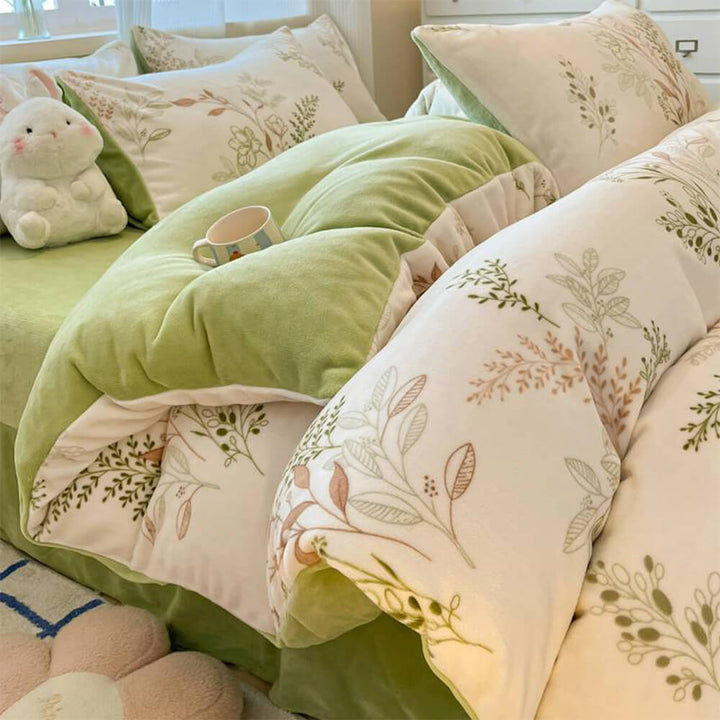 Detailed shot of the stitching and material of the milk velvet warm bed sheet set