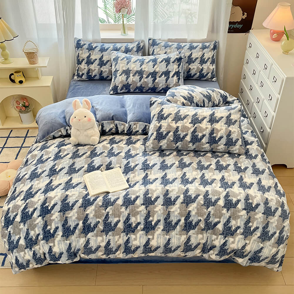 Bedroom interior showcasing a comfortable milk velvet warm sheet and quilt cover collection
