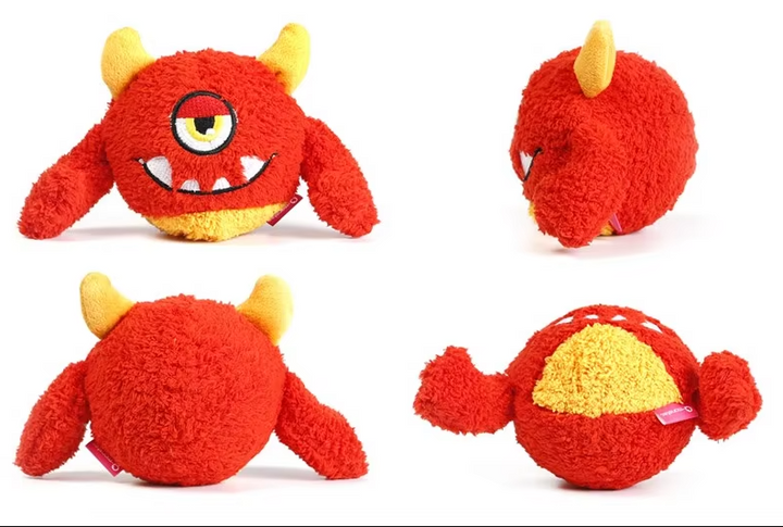 Interactive plush monster ball dog toy, multi-textured for engaging canine sensory play