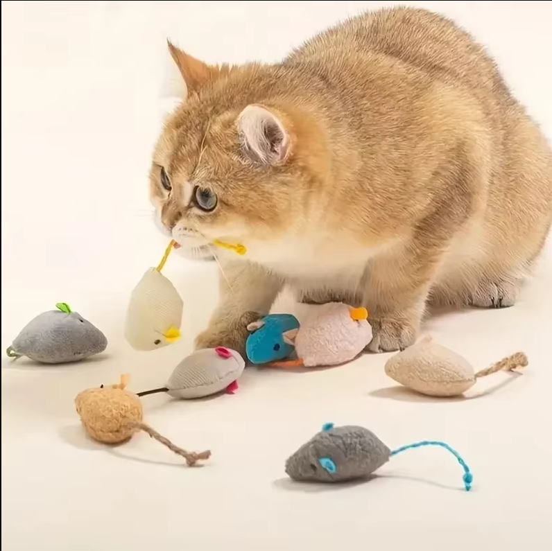 Plush mouse cat toy set, interactive feline play, pet supplies for hunting fun