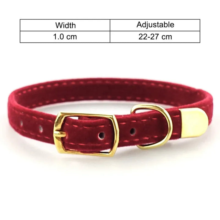 Green velour cat collar with a secured golden buckle, designed for comfort and style for your feline friend.