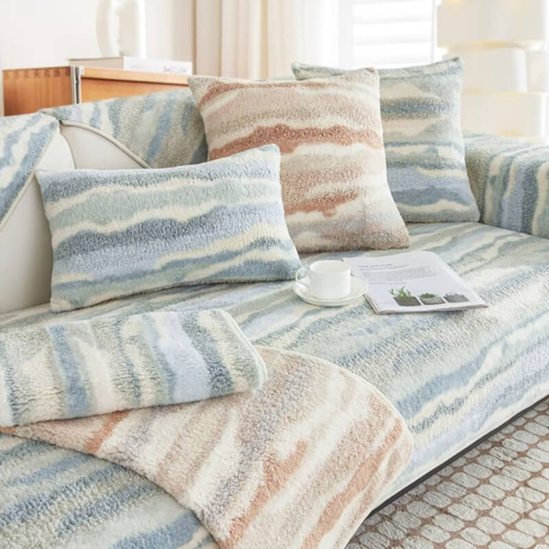 Close-up of a luxurious plush sofa cover texture, showing its pet-friendly and machine washable material.
