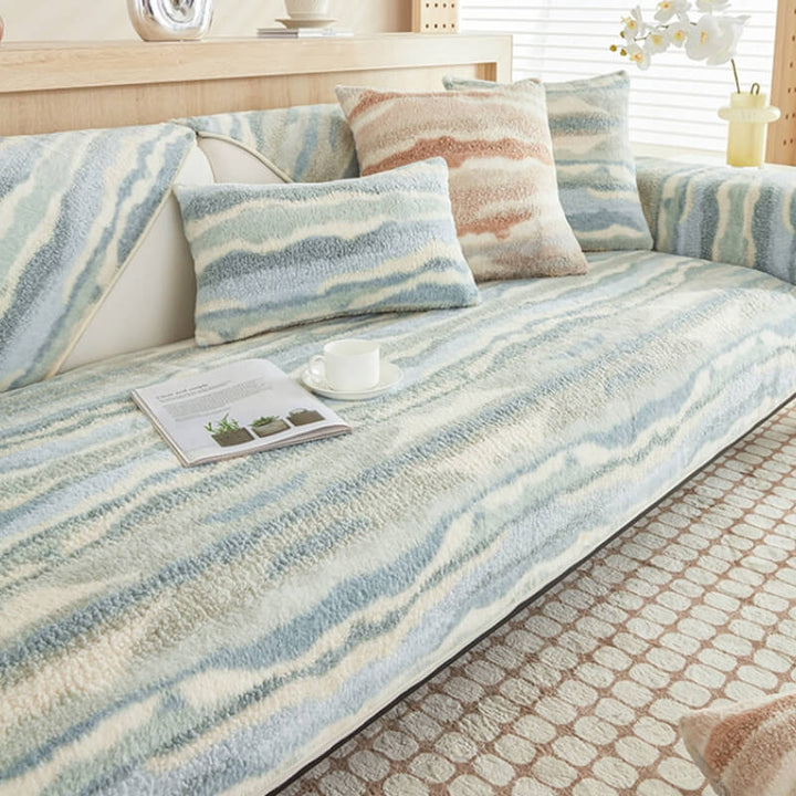Unisex plush sofa cover draped over an armchair, highlighting its versatile furniture protection.