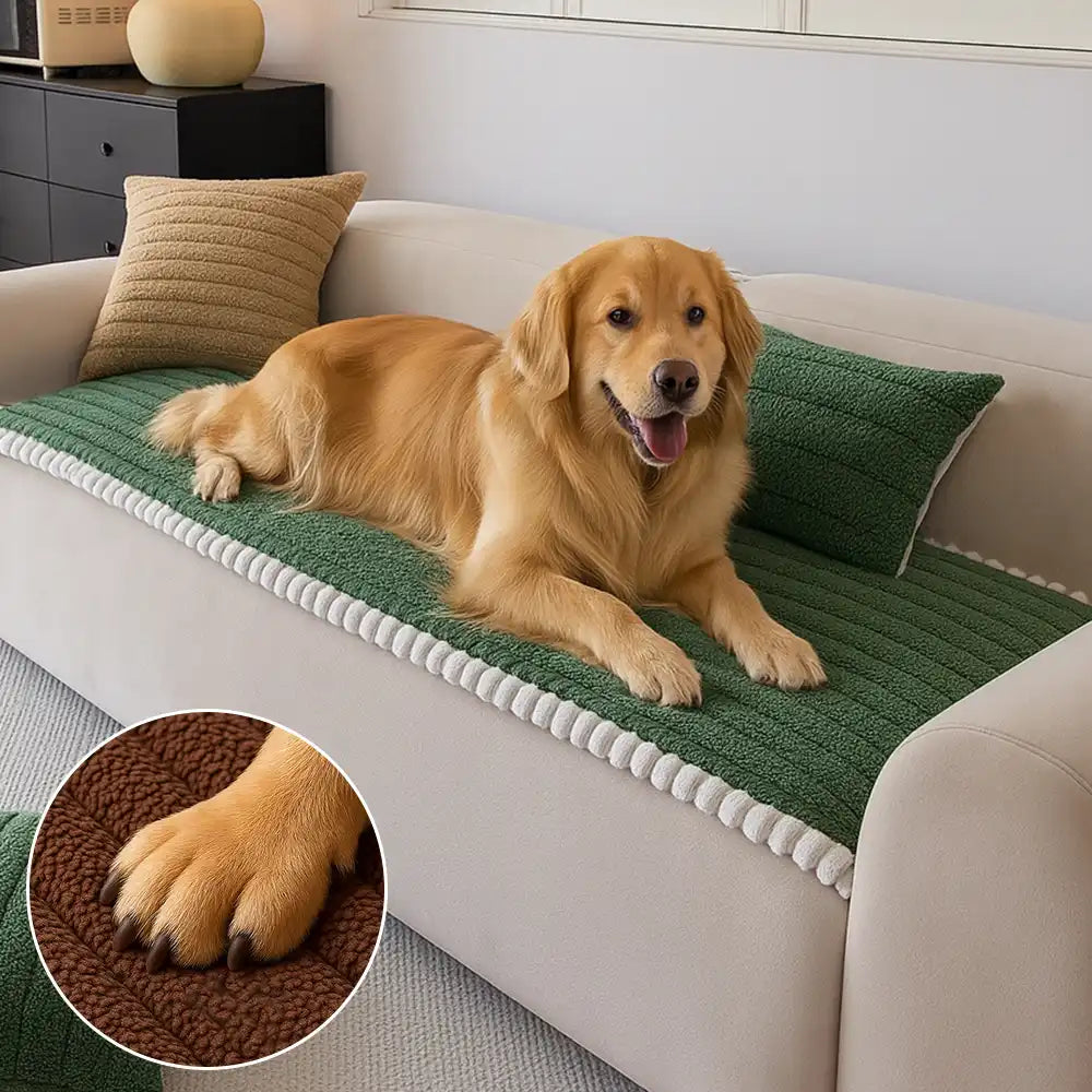 Plush non-slip sofa cover in grey, protecting a 3-seater couch from pets and spills.