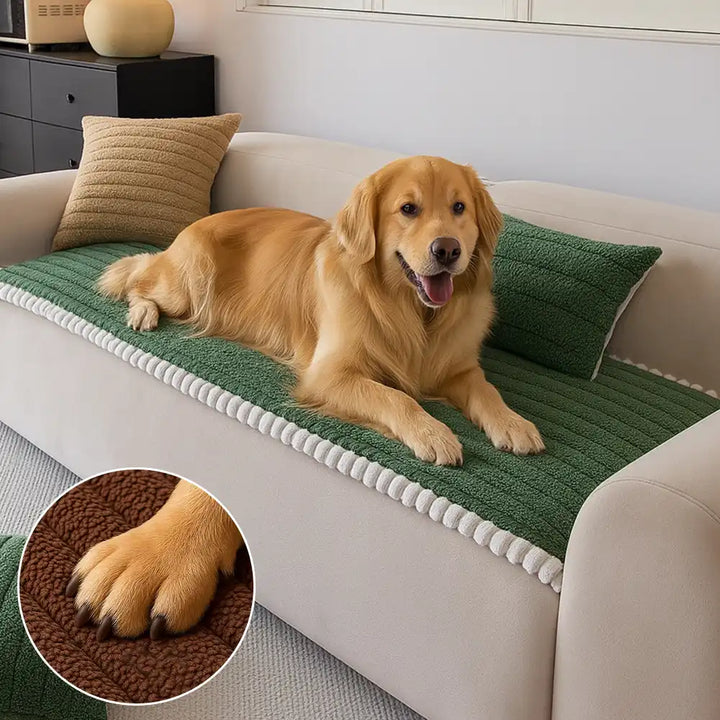 Plush non-slip sofa cover in grey, protecting a 3-seater couch from pets and spills.