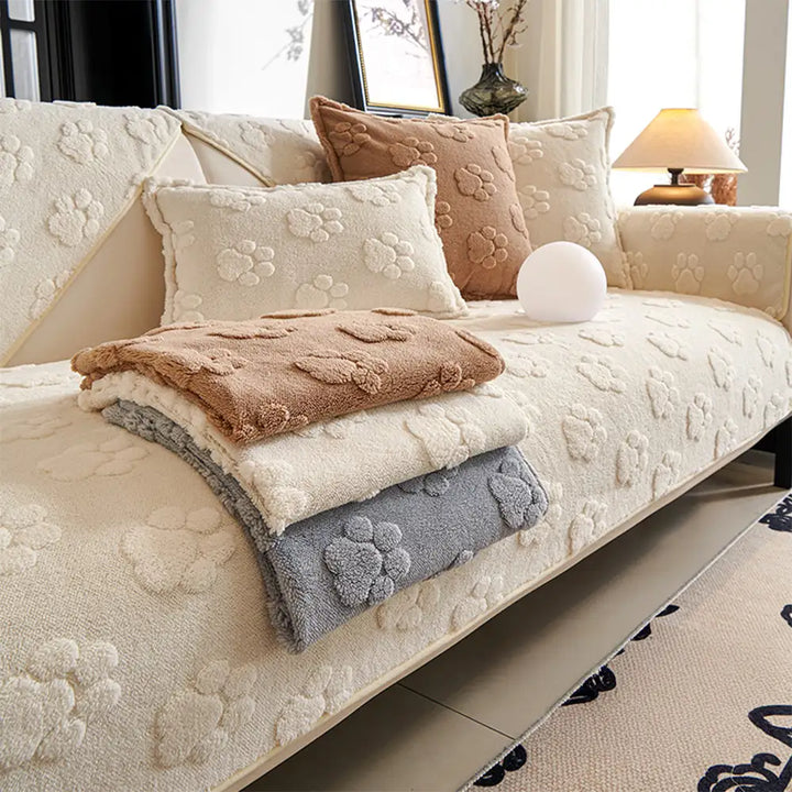 Stylish pet furniture protector, a non-slip plush couch cover with charming paw prints