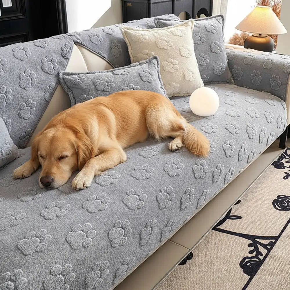 Soft pet-friendly couch cover featuring white paw prints on a dark plush fabric