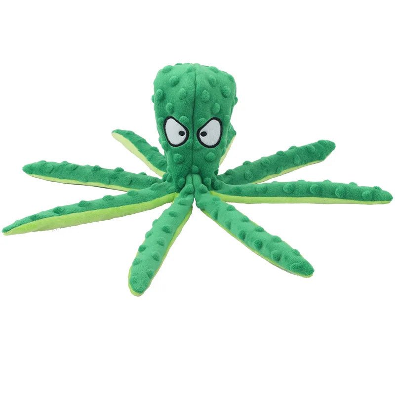 Octopus dog toy in blue, featuring an internal squeaker and crinkle paper