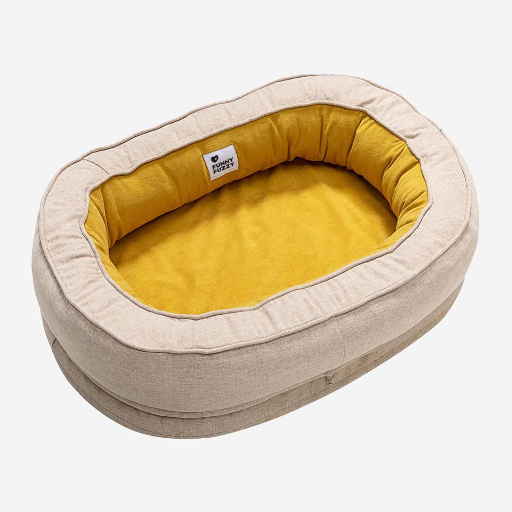Extra soft fluffy orthopedic dog bed, calming donut shape, reduces pet anxiety.