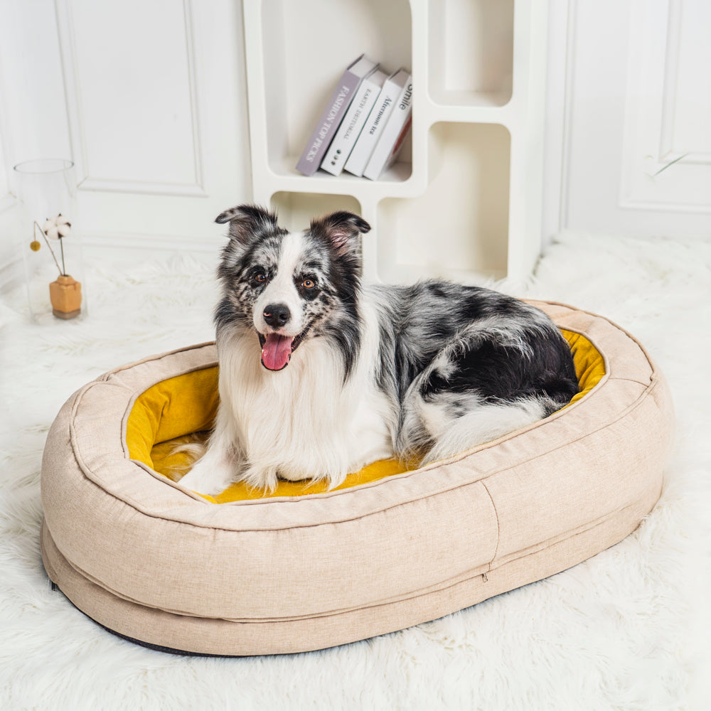 Supportive fluffy orthopedic pet bed, washable for hygiene, long-lasting comfort.