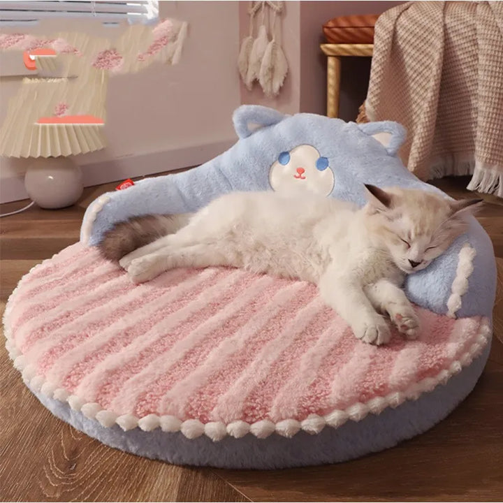 Plush pet bed in a cozy fawn brown, with a supportive backrest for cats and small dogs