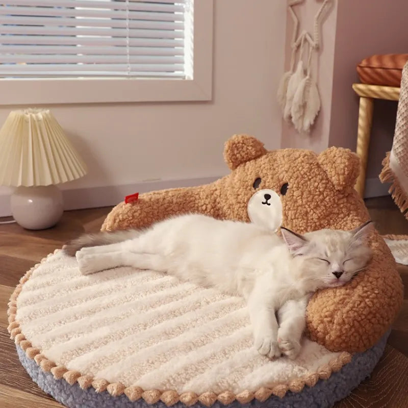 Round plush pet bed featuring a wraparound backrest, perfect for cats or small dogs to snuggle