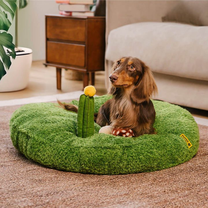 Plush pet nature play bed with removable leaf and bird toys, ideal for dog or cat comfort.