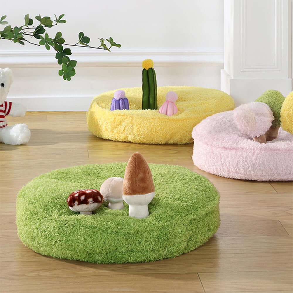 Comfortable dog nest bed featuring a nature theme and durable plush fabric, includes detachable toys.