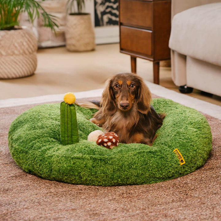 Plush pet bed for dogs or cats, designed with a nature theme and featuring fun, removable play toys.