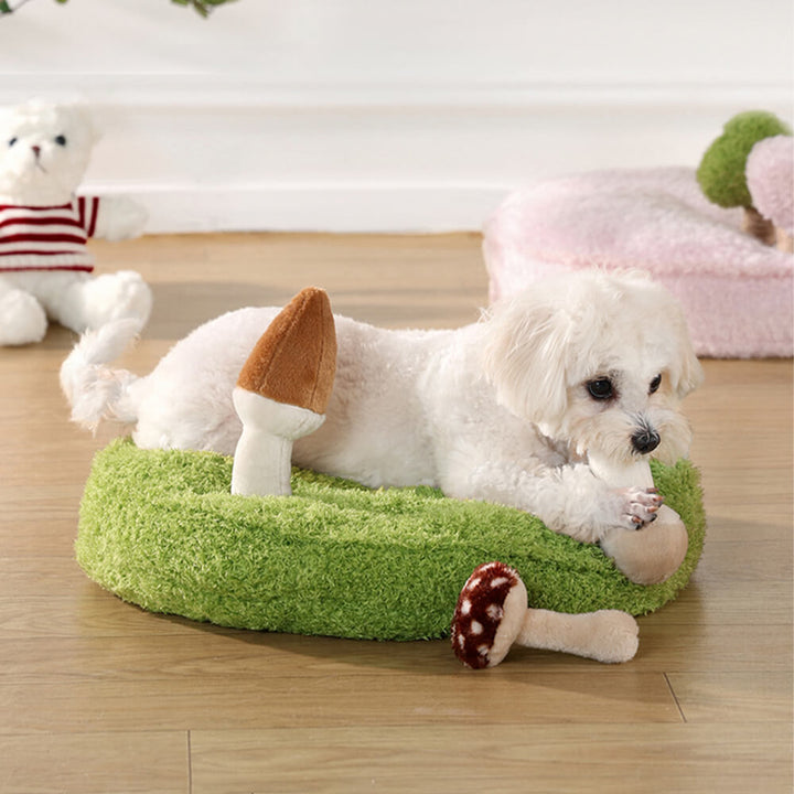 Durable pet nature play bed providing comfort and entertainment with easily removable animal toys.