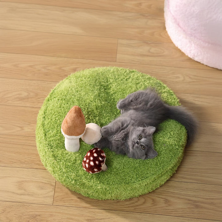 Soft, comfortable pet bed for cats or small dogs, includes three removable nature-themed plush toys.