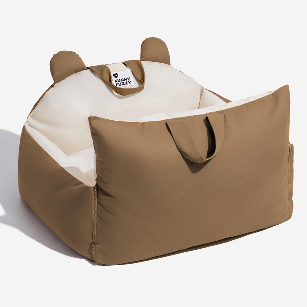 Chic dog car seat bed with bear ears, combining pet safety and travel comfort seamlessly.
