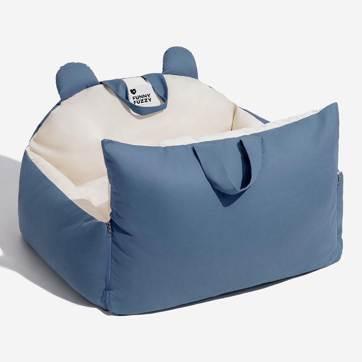 Modern pet safety car seat with bear ears, offering peace of mind during dog adventures.