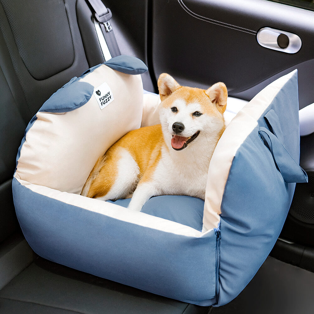 Innovative dog car bed with bear ears, providing a safe and cozy enclosed space for pets.