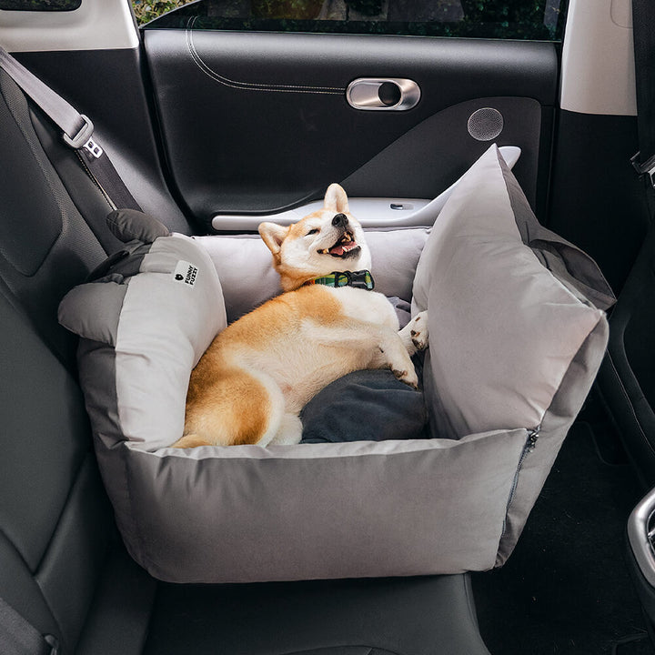 Secure dog car seat with playful bear ears, designed for pet safety and easy installation.