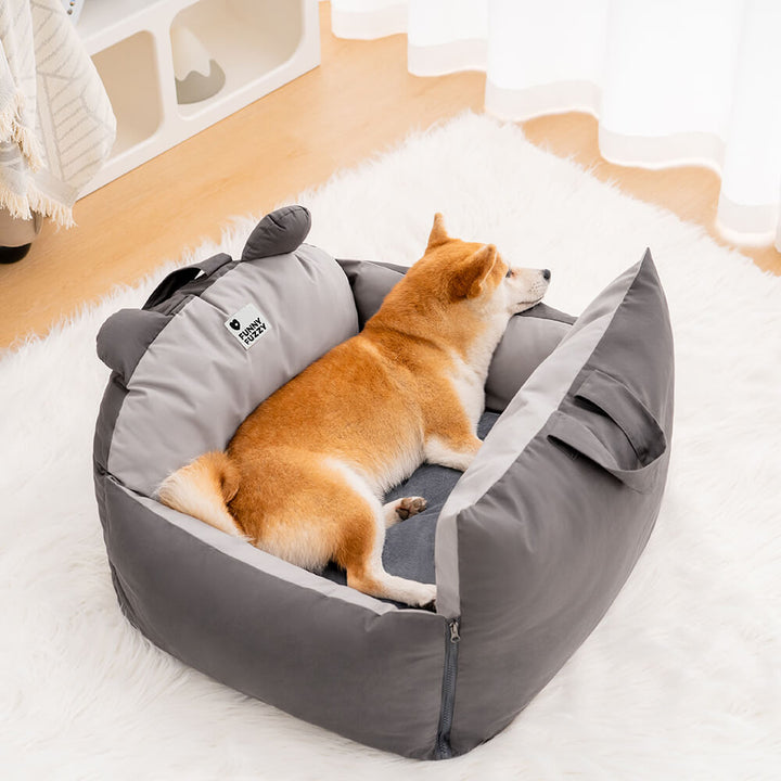 Stylish dog car bed with bear ears, offering a cozy and safe spot for pets in vehicles.