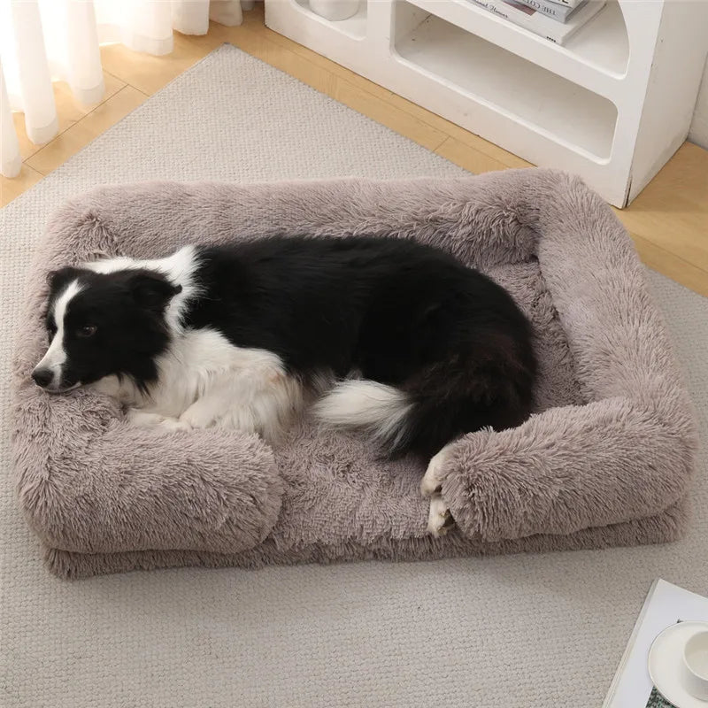 Plush pet sofa bed with raised bolsters, tan colored, for dog or cat anxiety relief