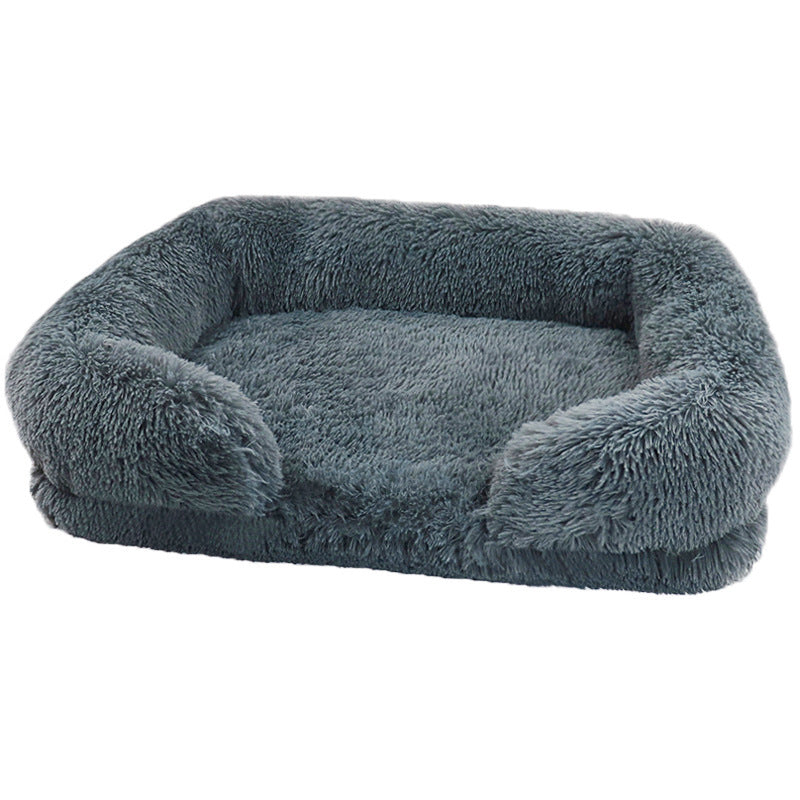 Soft washable calming dog bed, grey plush fabric, supportive bolster for pet comfort