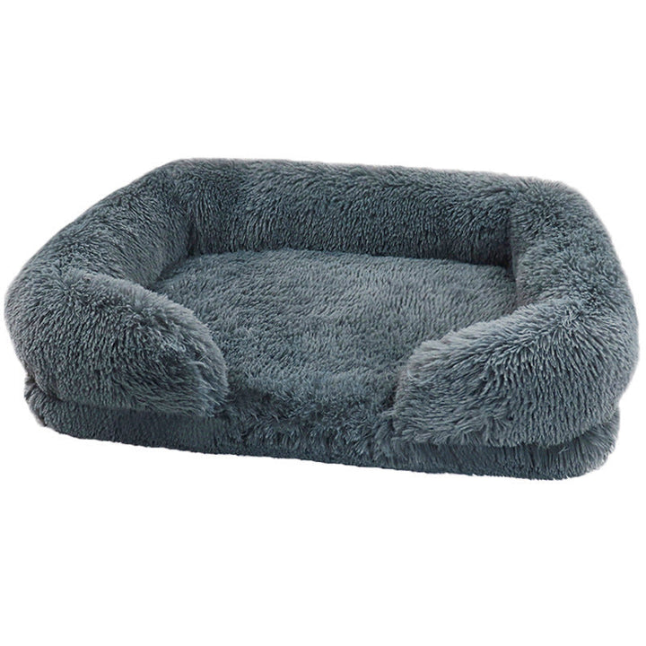 Soft washable calming dog bed, grey plush fabric, supportive bolster for pet comfort