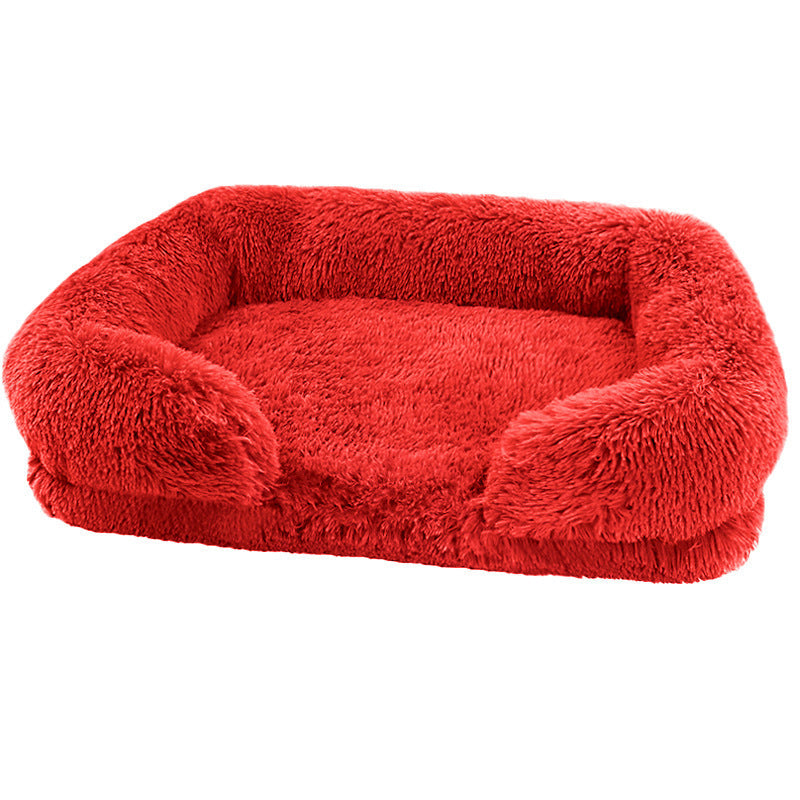 Calming pet bed in cream, plush material, providing a secure sofa-like sleep for dogs and cats