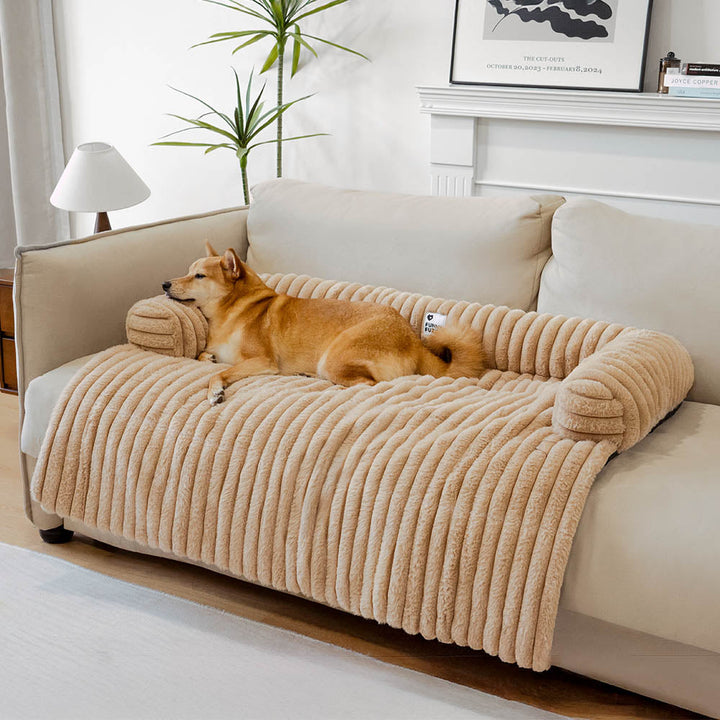 Plush pet sofa couch cover with bolster, gray, protecting furniture from dog hair, washable non-slip dog mat.