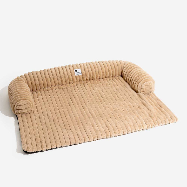 Sofa protector for pets: gray fluffy cover with bolsters, non-slip and washable, perfect for dogs.