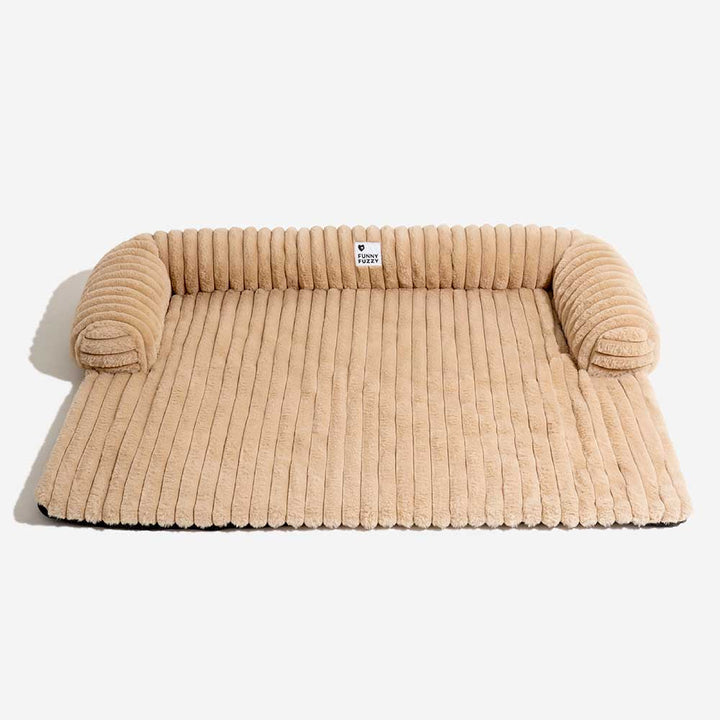 Washable pet bed sofa cover, gray plush with a comfy bolster, non-slip backing, dog mat furniture shield.