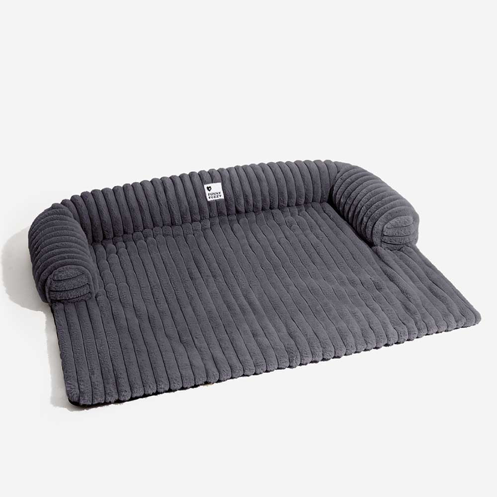 Gray fluffy pet couch cover with bolster, provides ultimate comfort and non-slip protection for your sofa.