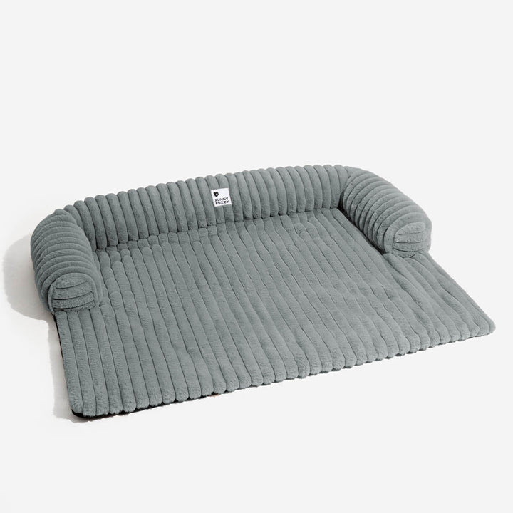 Pet sofa cover plush gray with a supportive bolster, non-slip, keeps your couch clean from dog messes.