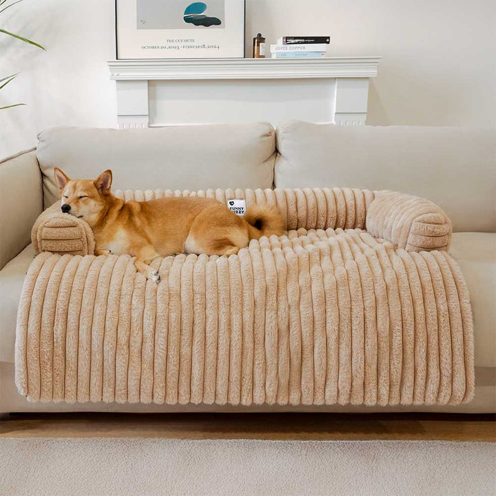 Soft gray pet couch cover with integrated bolster for dog comfort, non-slip sofa protector, machine washable.