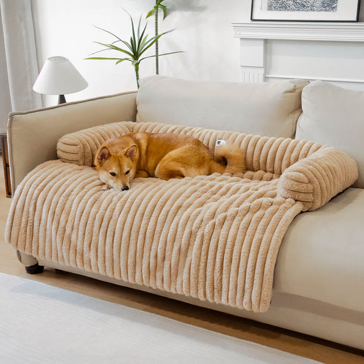 Dog mat sofa protector: fluffy gray cover with raised bolster, ideal for pets, non-slip, easy care.