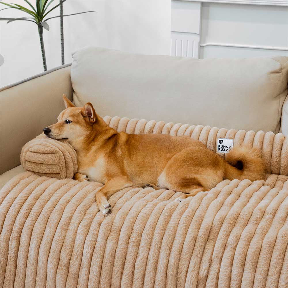 Luxury pet fluffy couch cover, gray, with neck bolster for dogs, washable and non-slip furniture protector.