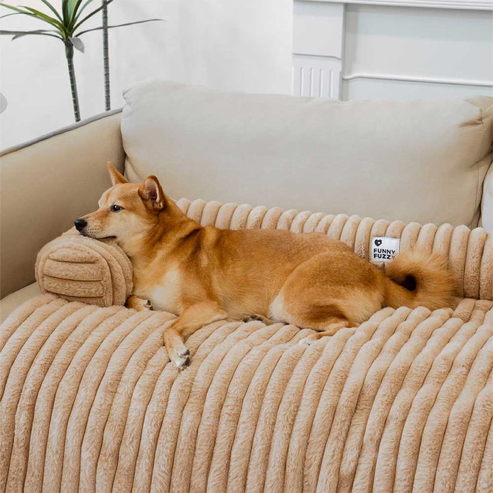 Luxury pet fluffy couch cover, gray, with neck bolster for dogs, washable and non-slip furniture protector.