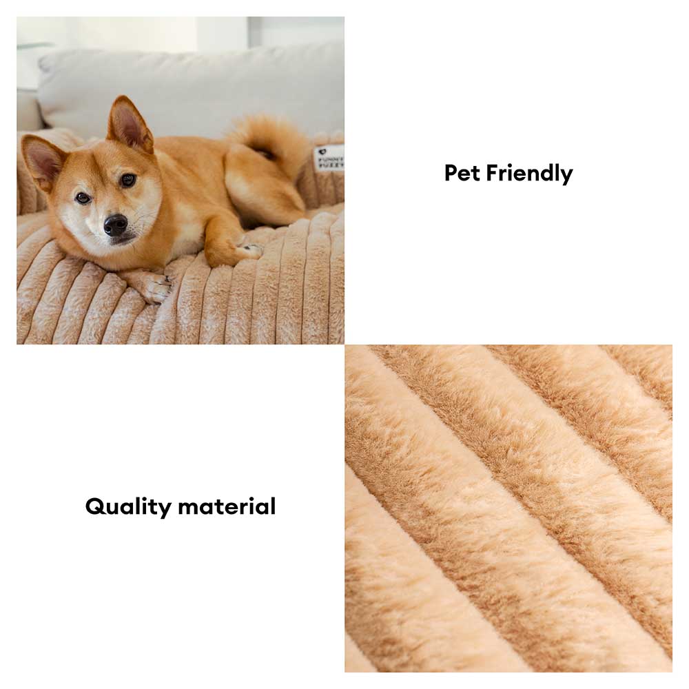 Washable pet sofa cover with bolster, gray fluffy fabric, protecting couch from dogs, non-slip design.