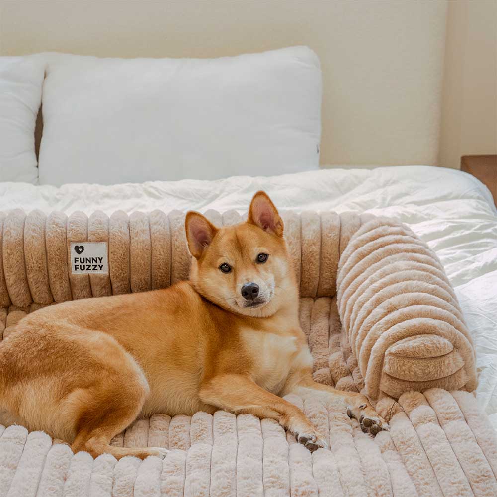 Fluffy gray sofa cover, pet-friendly with bolster edge, non-slip backing, ideal for large dogs, washable.