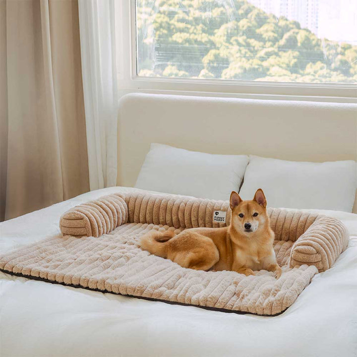 Pet accessory: gray plush couch cover with bolster, offering sofa protection and comfortable dog mat.