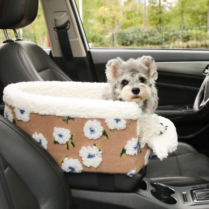 Plush pink flower wool fleece dog car safety seat for console, ensuring pet comfort.