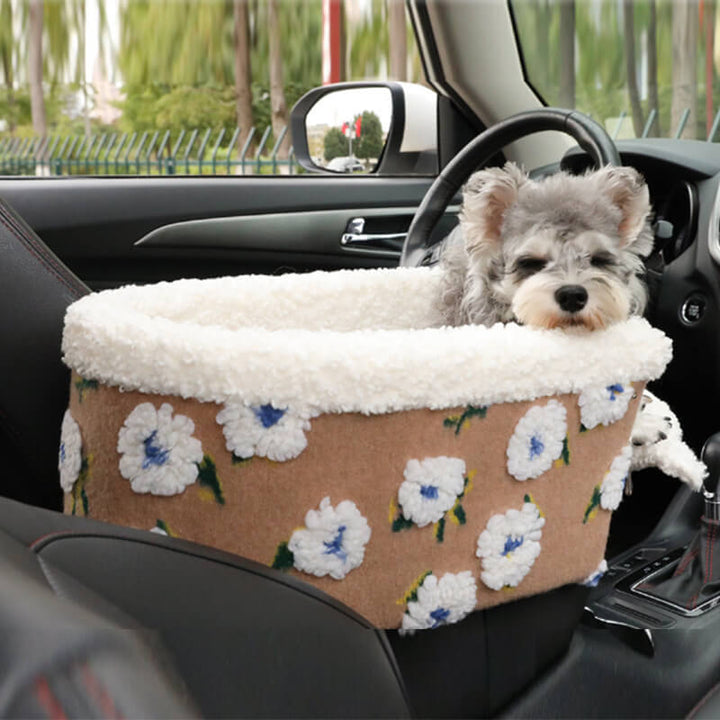 Dog car seat: grey wool fleece console safety seat with flower design, perfect for small pets.