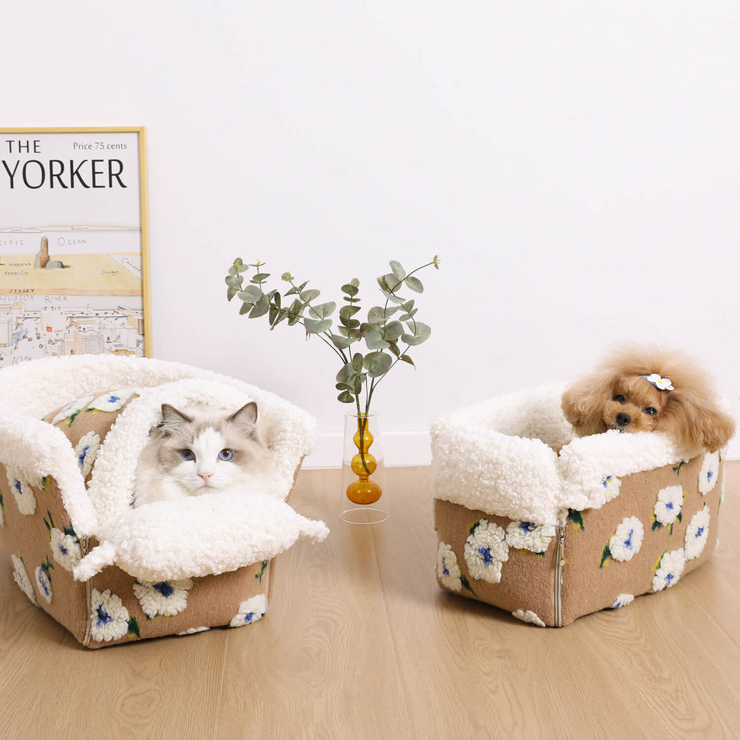 Pink flower wool fleece dog console car seat, a washable travel accessory for small dogs.