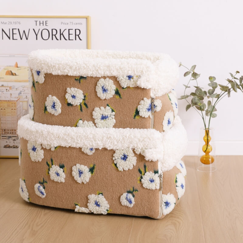 Flower-shaped wool fleece pet car seat designed for console, offering safety and coziness on trips.