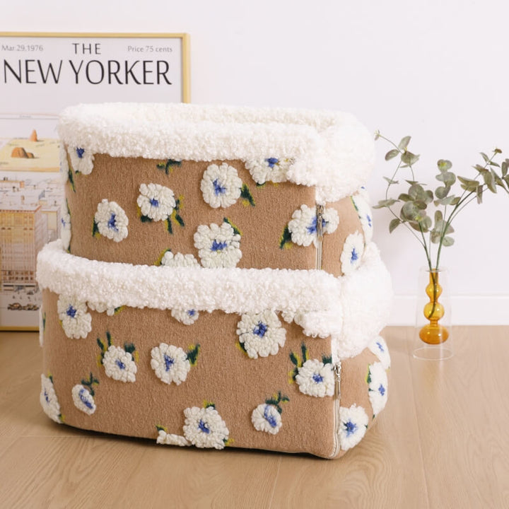 Flower-shaped wool fleece pet car seat designed for console, offering safety and coziness on trips.