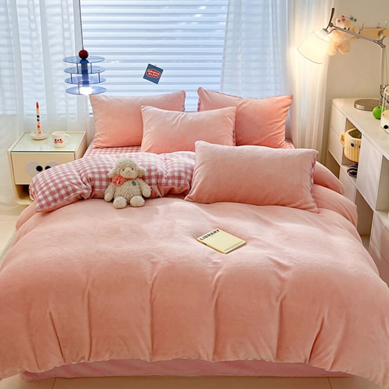 Close-up of plush plaid bed sheet texture, soft and warm bedding