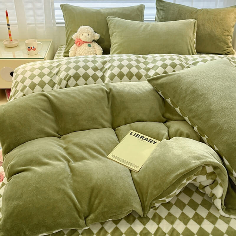Folded plush plaid flat bed sheet, soft bedding for a warm bedroom